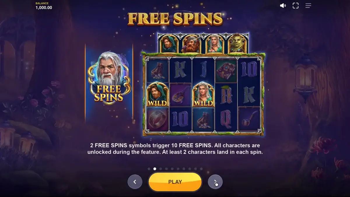 Pemandangan hutan mistis dengan karakter pahlawan dalam slot Land of Riches