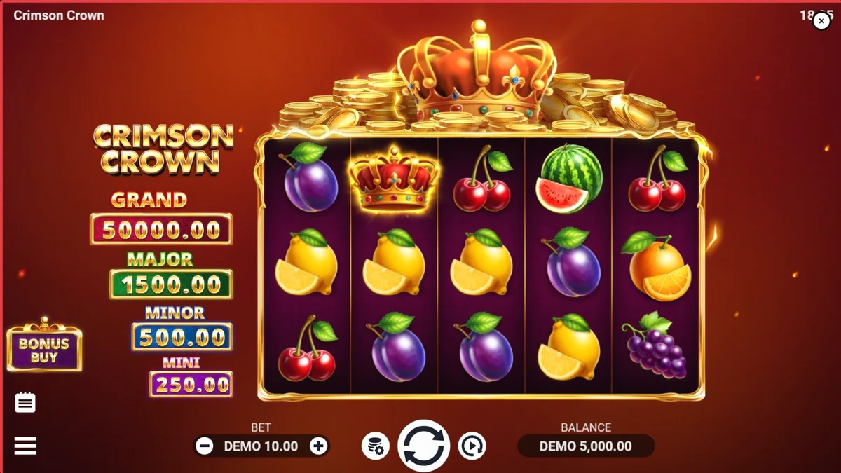 Tampilan visual slot Crimson Crown dengan tema buah mewah dan mahkota emas